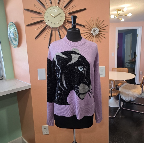 Kate Spade ♠️ Wool Lavender Panther Sweater. Sz Large - Picture 10 of 15